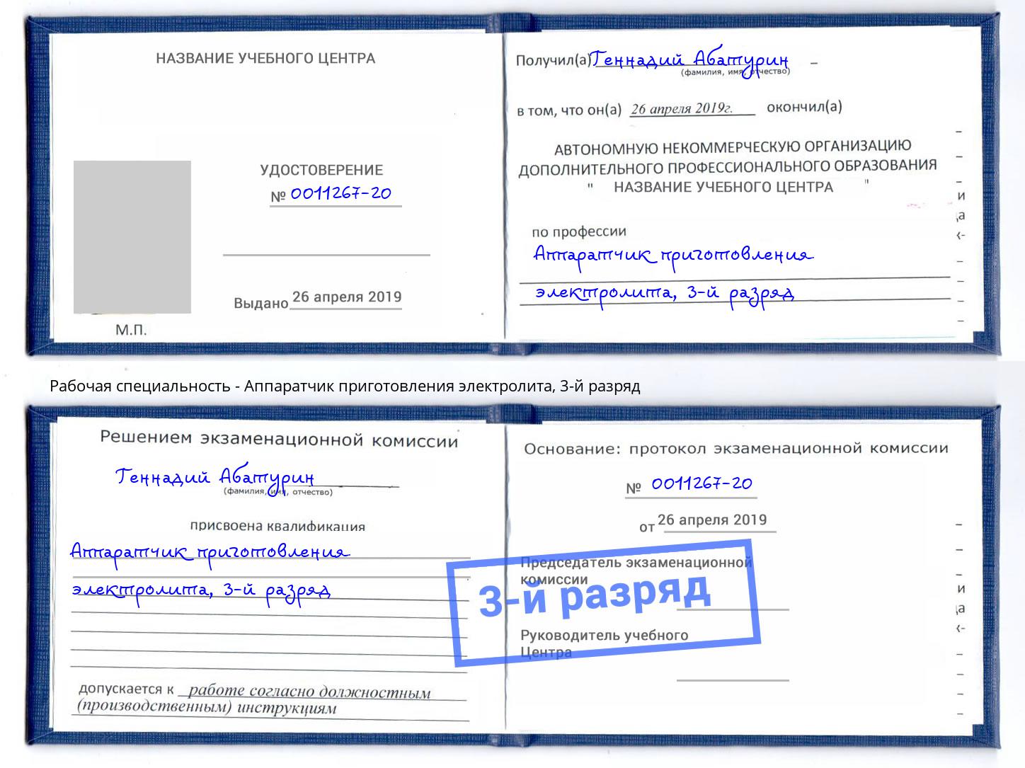 корочка 3-й разряд Аппаратчик приготовления электролита Орехово-Зуево