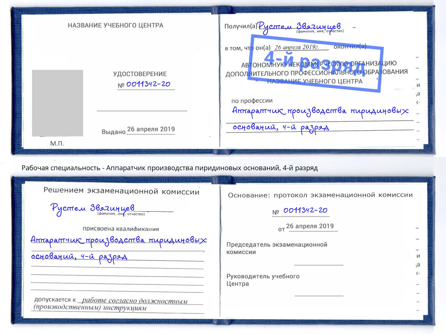 корочка 4-й разряд Аппаратчик производства пиридиновых оснований Орехово-Зуево