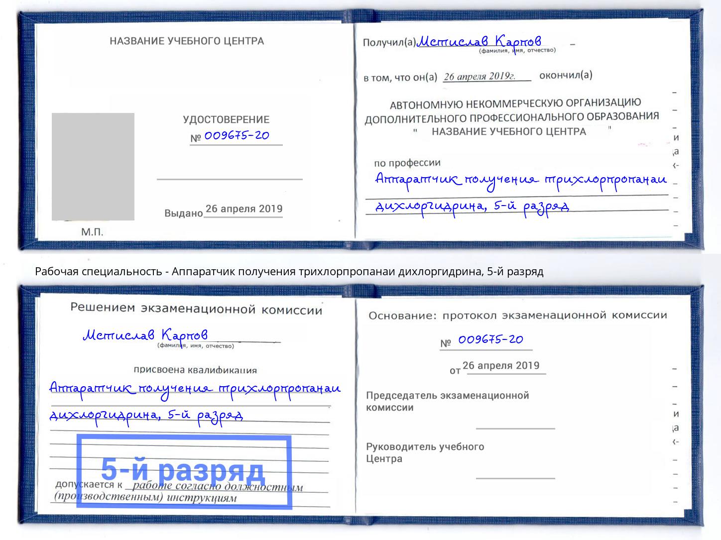 корочка 5-й разряд Аппаратчик получения трихлорпропанаи дихлоргидрина Орехово-Зуево