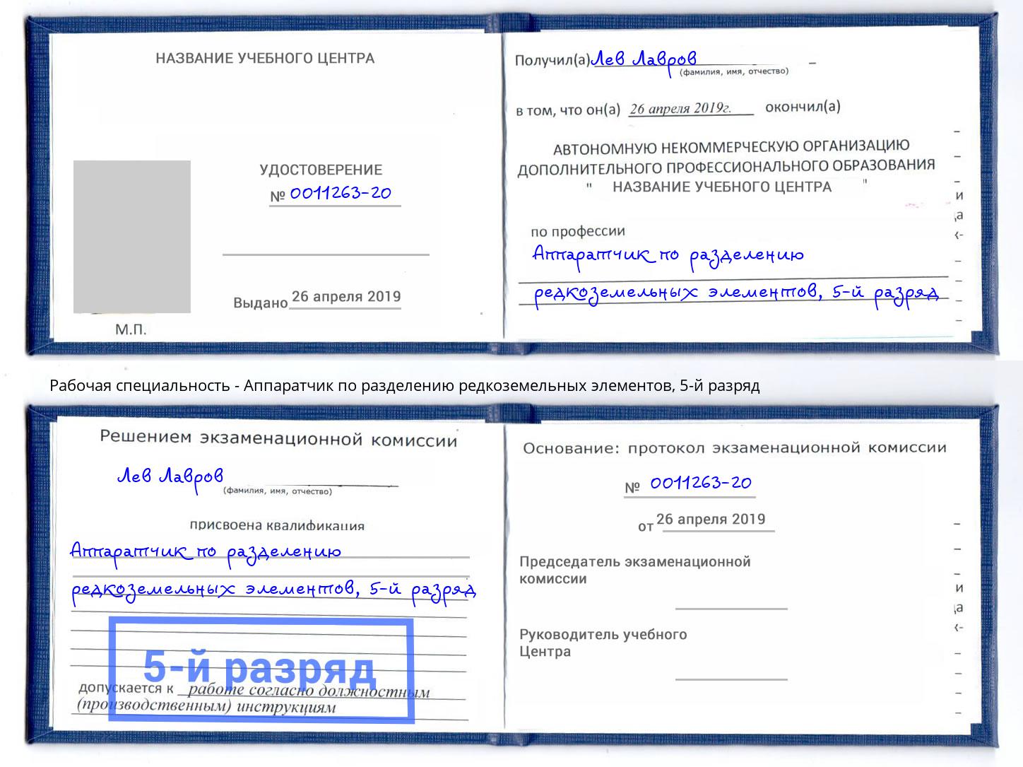 корочка 5-й разряд Аппаратчик по разделению редкоземельных элементов Орехово-Зуево